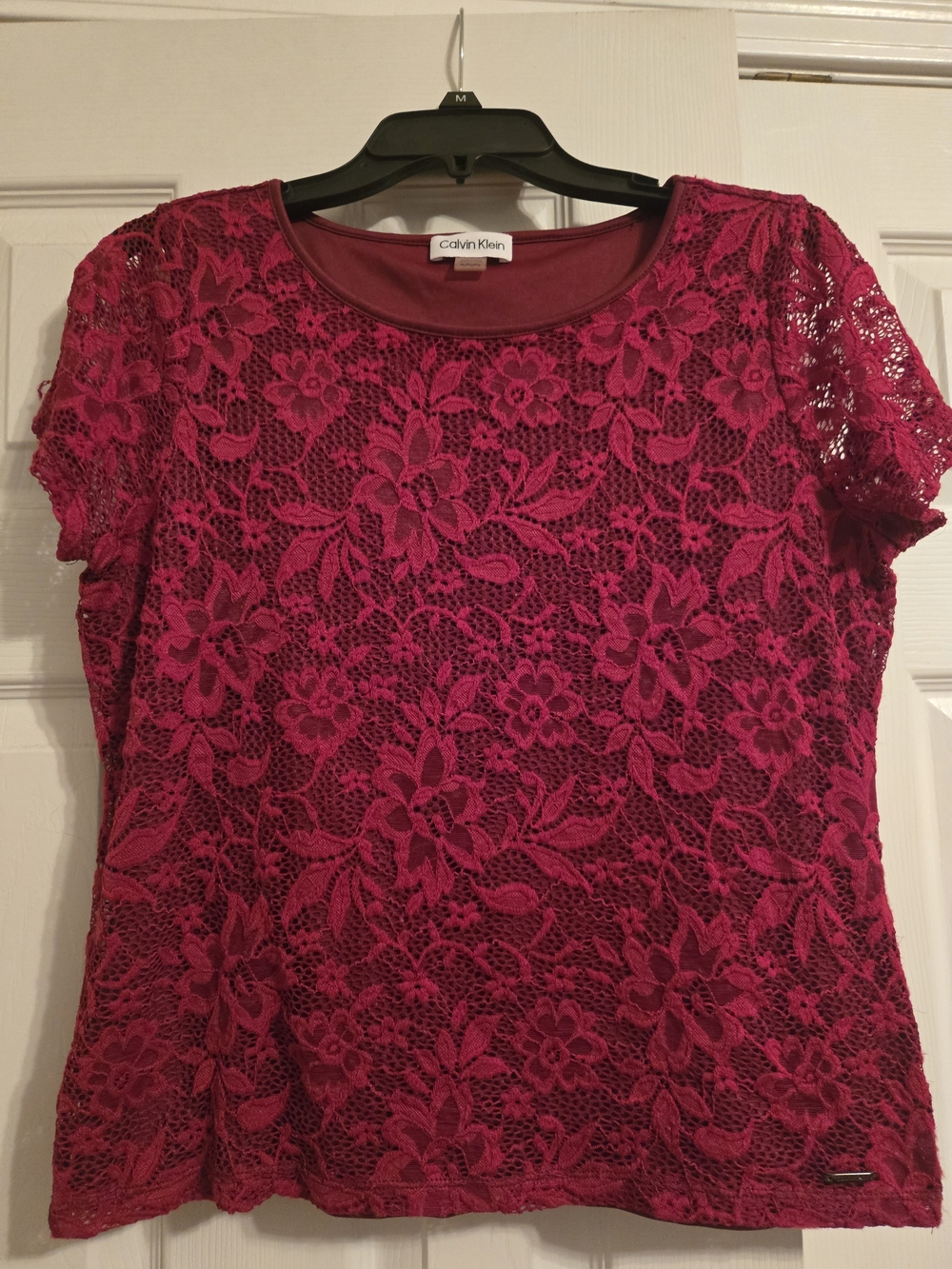 Calvin Klein Classy Women's Red Lace Short-Sleeve Top